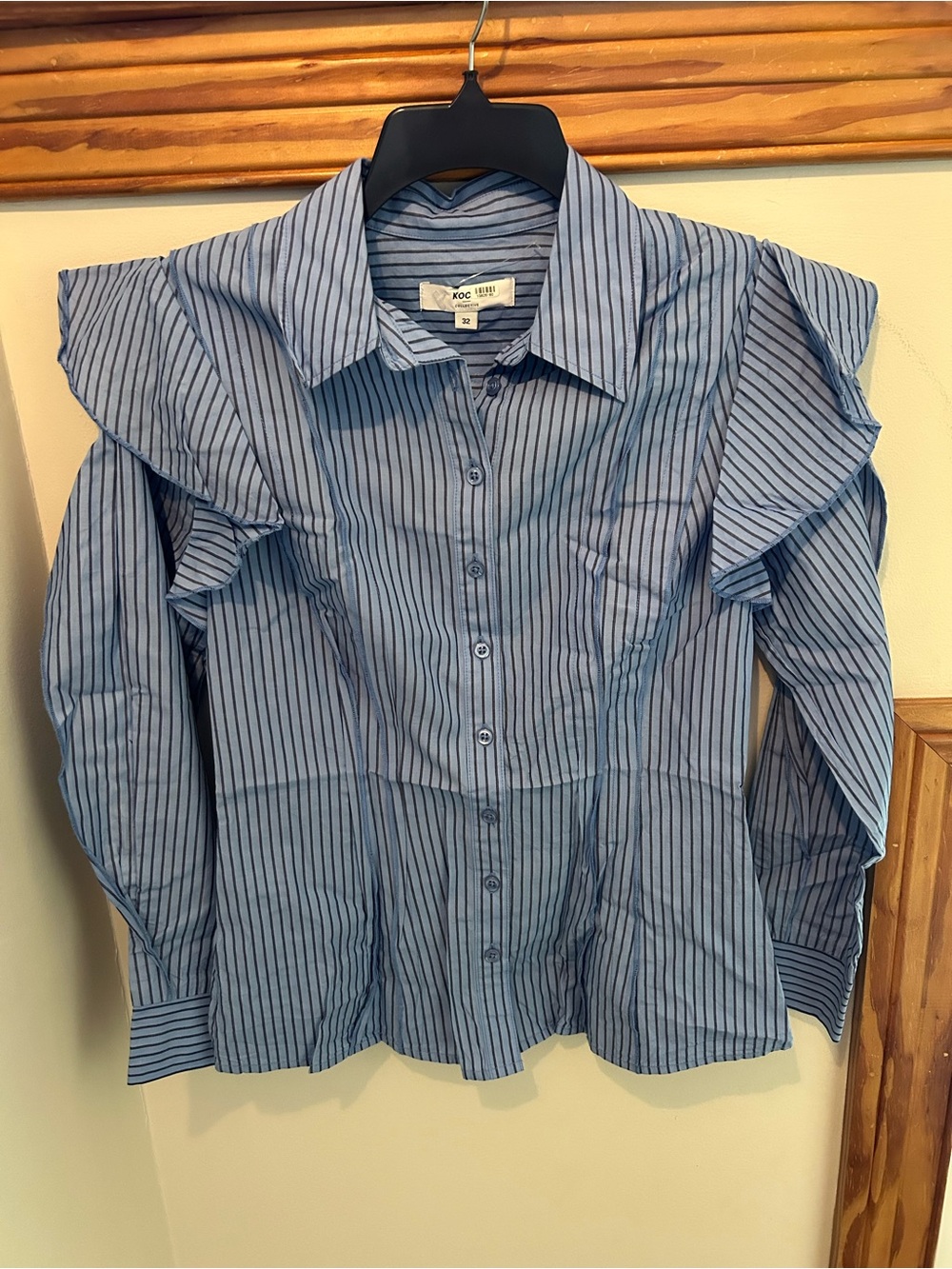 Blue Striped Ruffle-Shoulder Button-Down Shirt